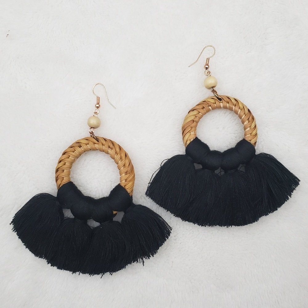 Circle Rattan Tassel Earrings - Picture 2 of 3
